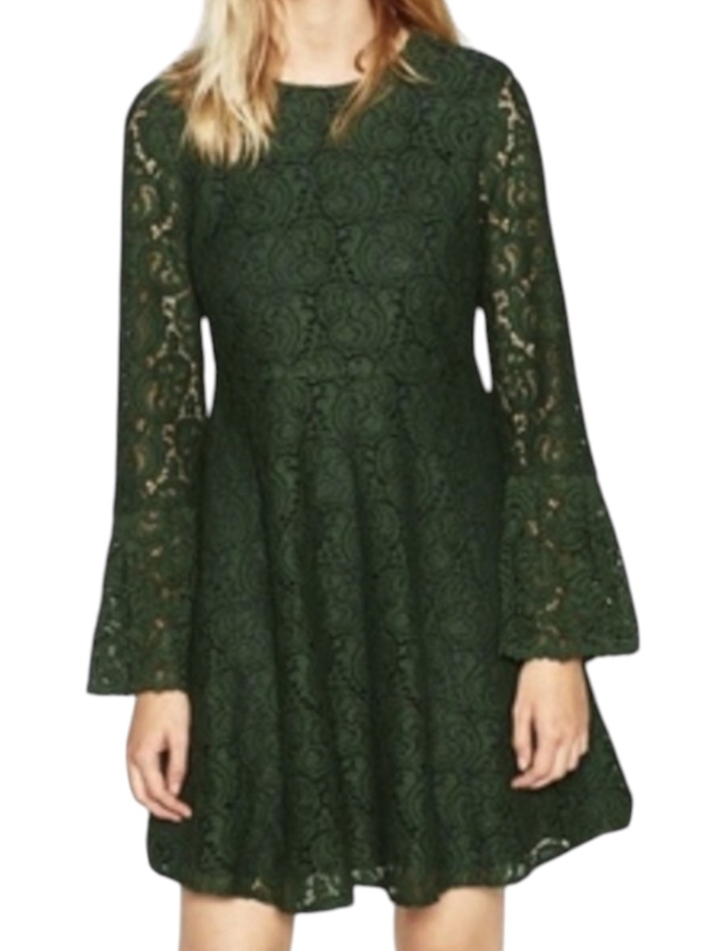 Zara Lace Bell Sleeve Tulip Dress - Emerald Green Size XS